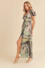 Aemi + Co Lace Detail Slit Geometric Print Short Sleeve Maxi Dress - Trendsi - Flyclothing LLC