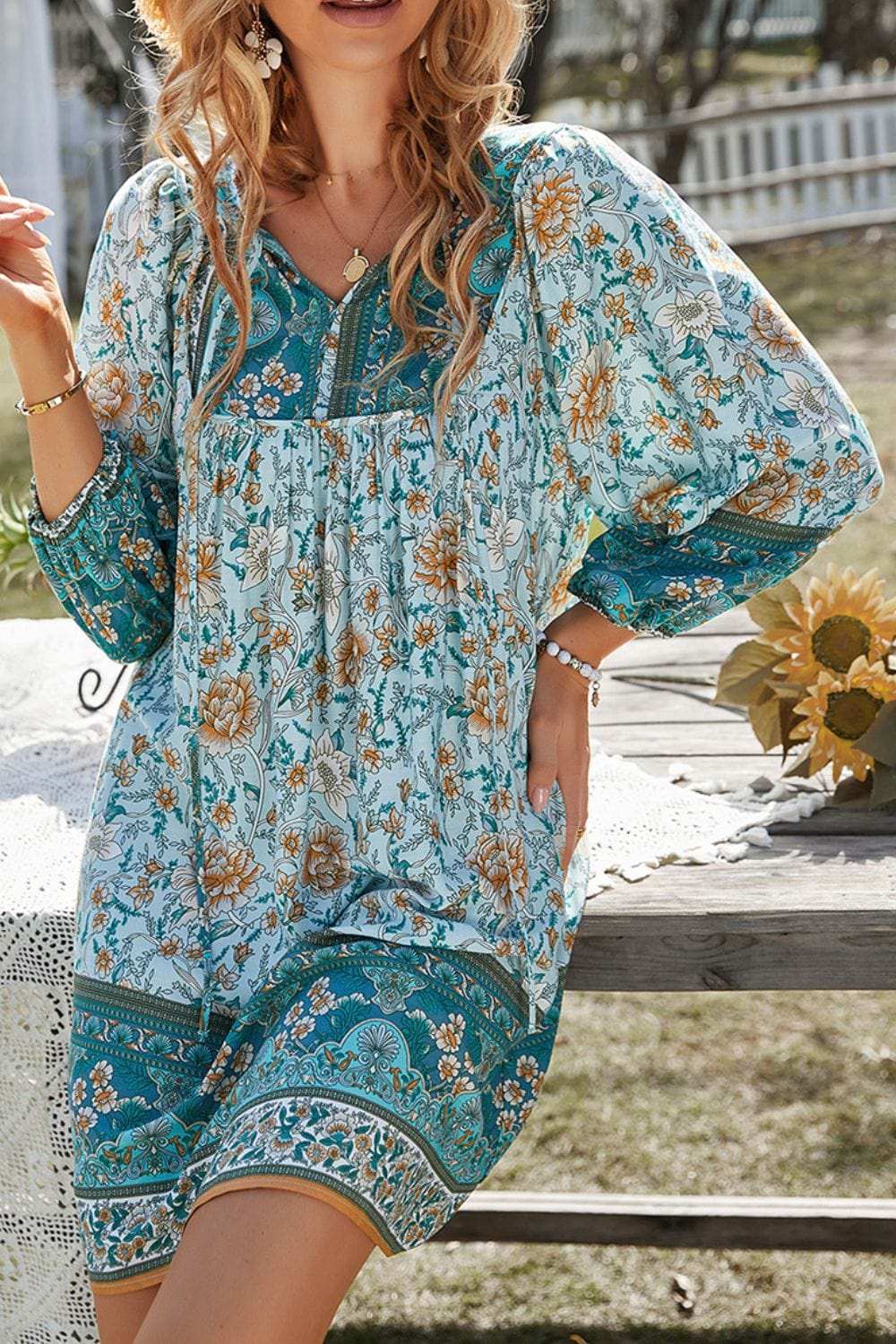 Devine Printed Tie Neck Mini Dress - Trendsi - Flyclothing LLC