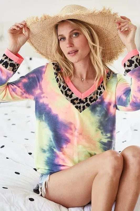 BiBi Tie Dye Terry V-Neck Top - Trendsi - Flyclothing LLC