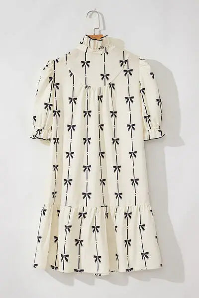 Frill Bow Print Notched Short Sleeve Mini Dress - Trendsi - Flyclothing LLC