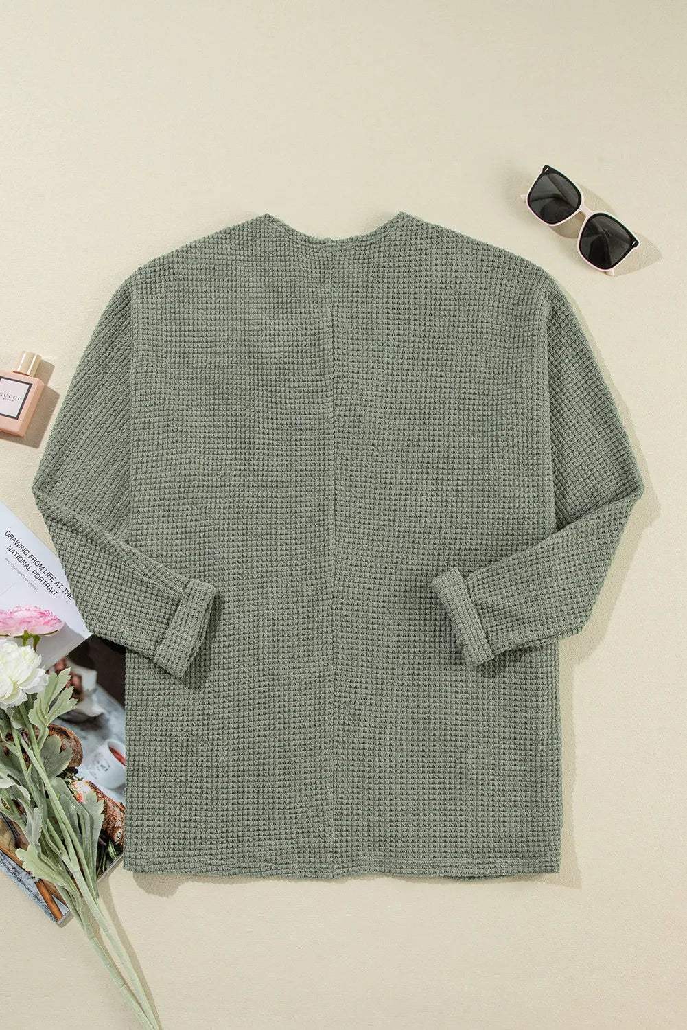 Waffle-Knit Open Front Long Sleeve Cover Up - Trendsi - Flyclothing LLC