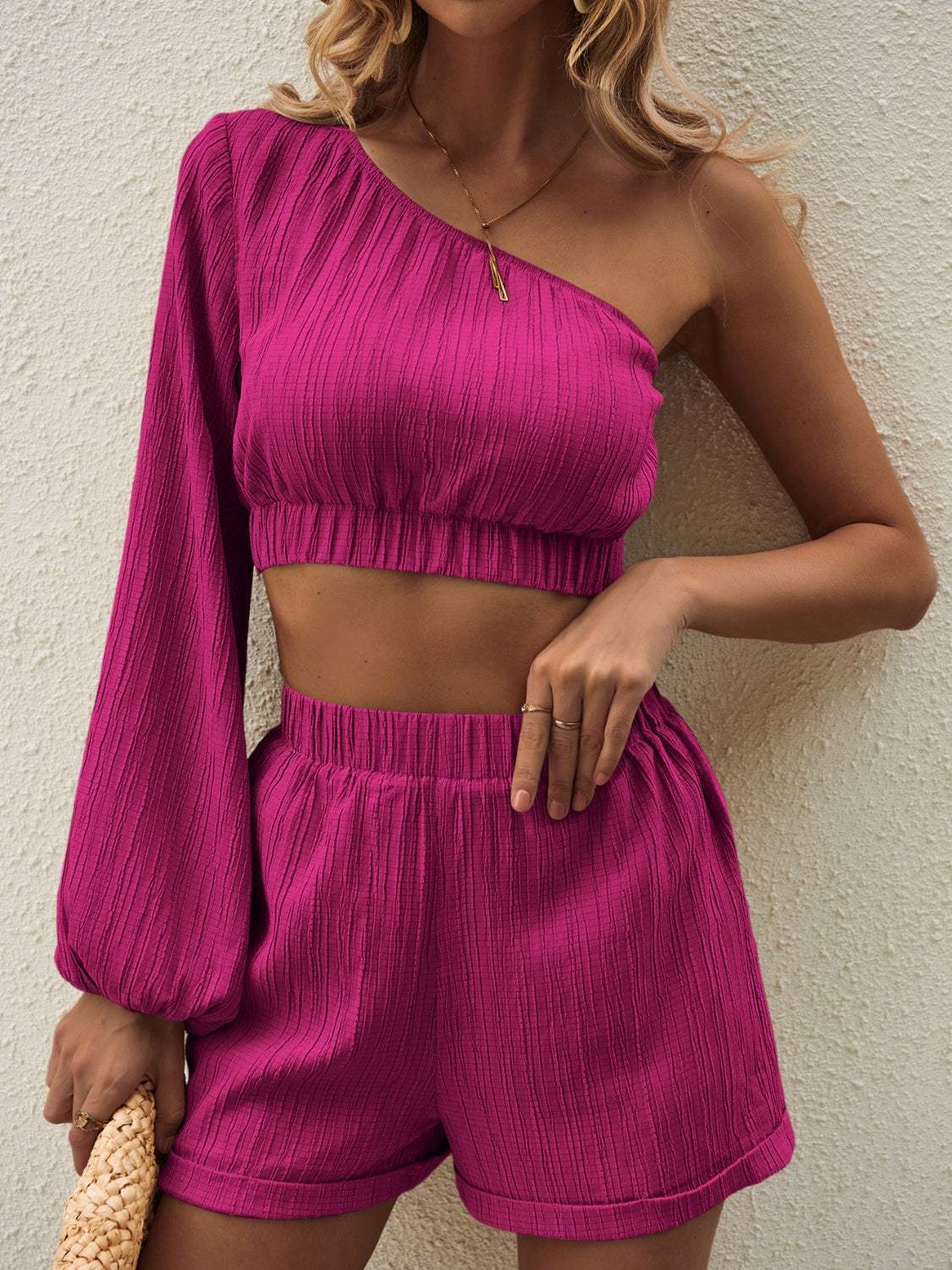 One Shoulder Long Sleeve Top and Shorts Set - Trendsi - Flyclothing LLC