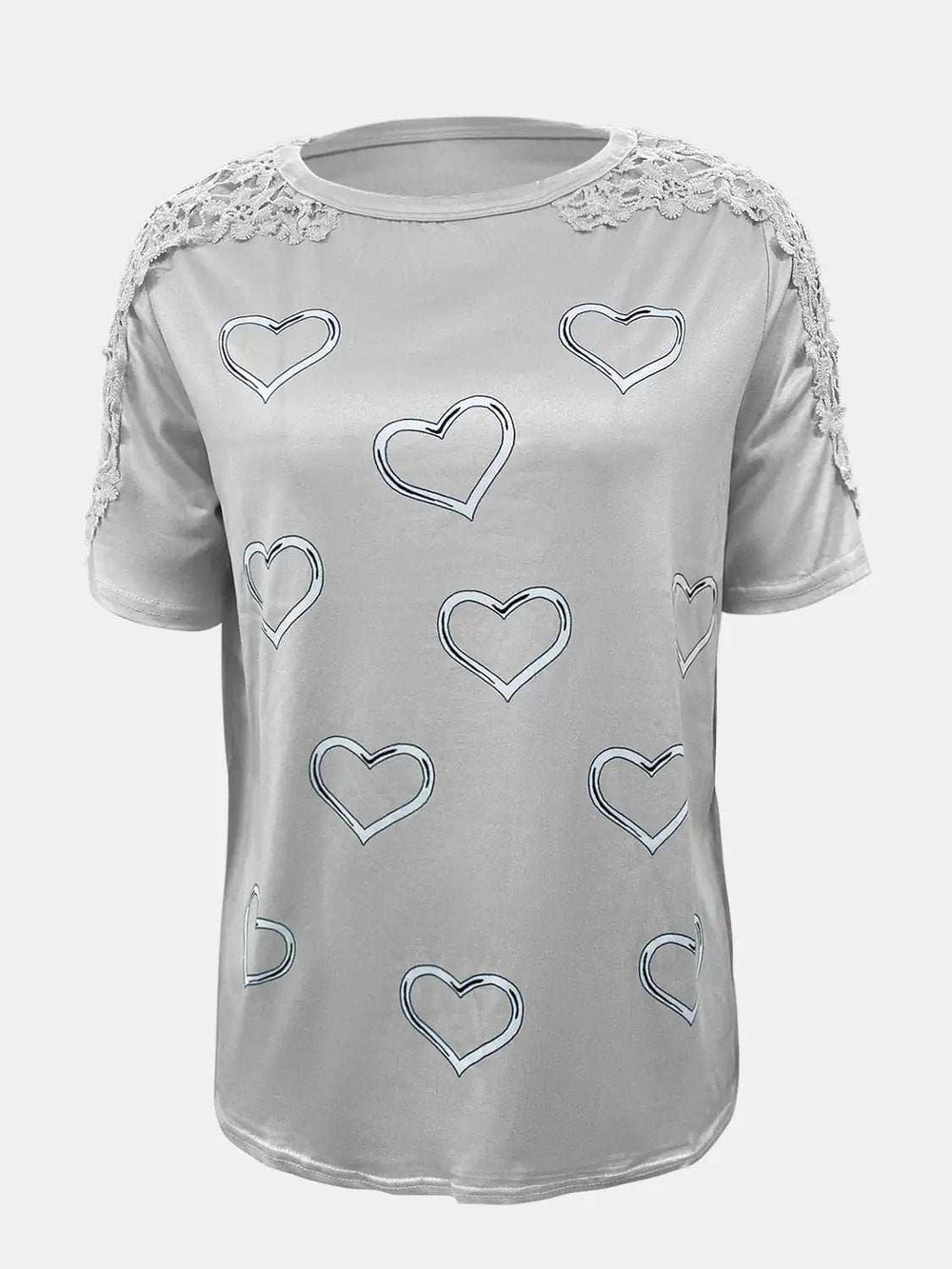 Full Size Lace Detail Heart Round Neck Short Sleeve Top - Trendsi - Flyclothing LLC
