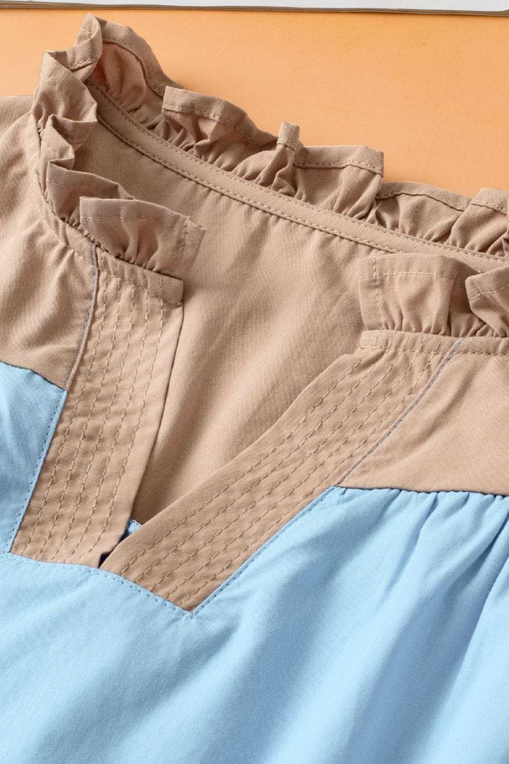 Color Block Notched Ruffled Cap Sleeve Blouse - Trendsi - Flyclothing LLC