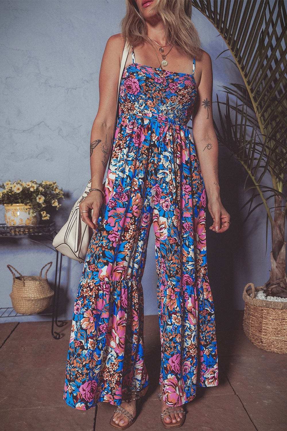 Floral Smocked Spaghetti Straps Wide Leg Jumpsuit - Trendsi - Flyclothing LLC