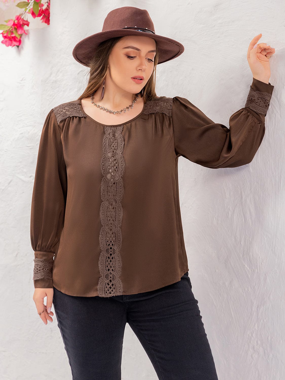 Plus Size Lace Detail Round Neck Long Sleeve Blouse - Trendsi