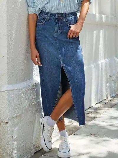 Raw Hem Front Slit Denim Midi Skirt - Trendsi - Flyclothing LLC