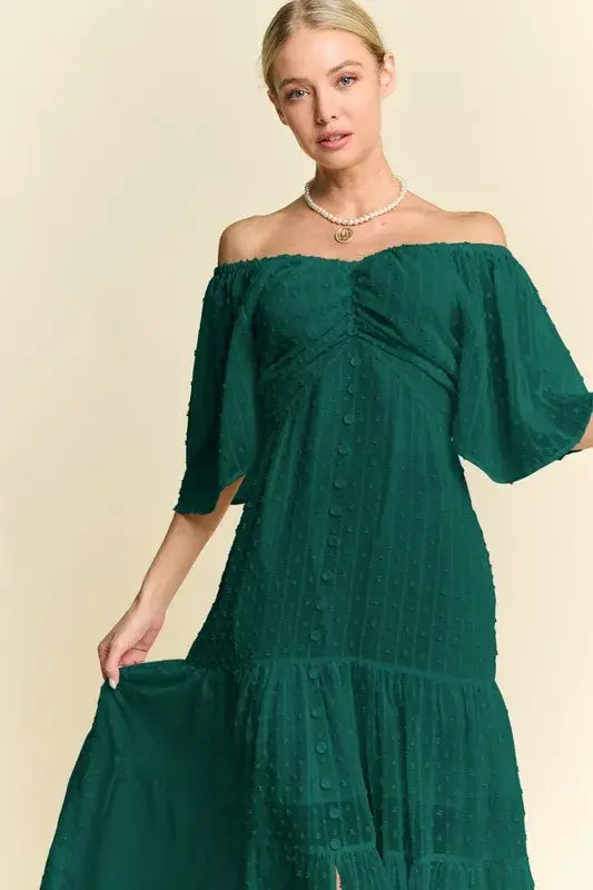 Davi & Dani Swiss Dotted Ruched Ruffle Open Back Midi Dress - Trendsi - Flyclothing LLC