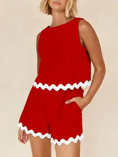 Contrast Trim Round Neck Tank and Shorts Set - Trendsi - Flyclothing LLC