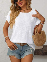 Mandy Eyelet Round Neck Short Sleeve Top - Trendsi - Flyclothing LLC