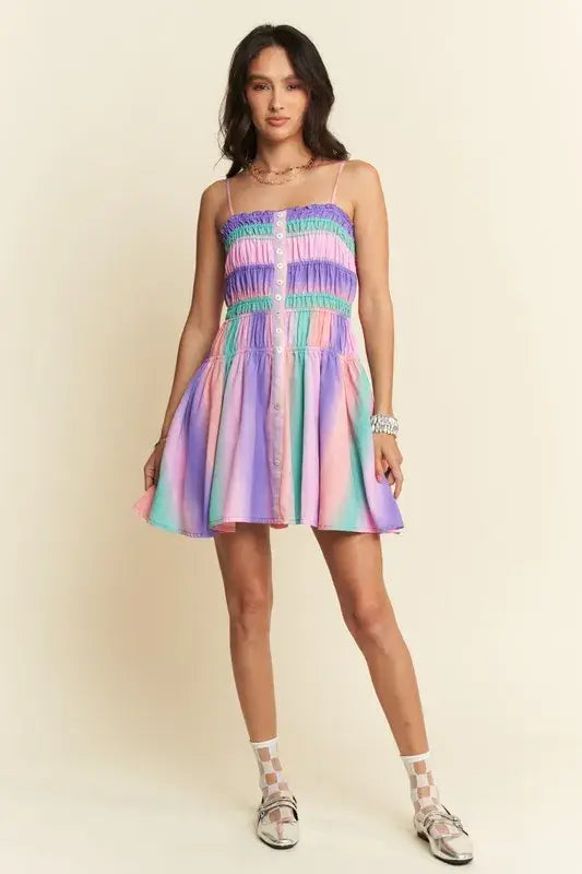 Davi & Dani Multi Color Ombre Printed Bodice Button Up Dress - Trendsi - Flyclothing LLC