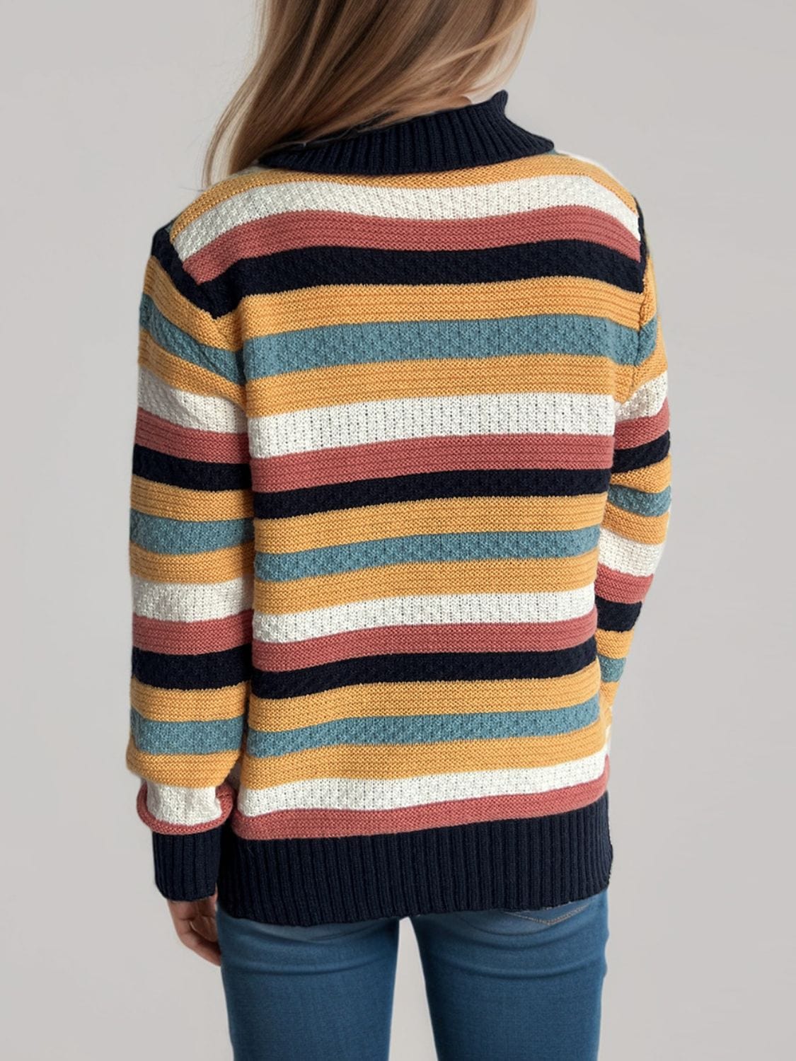 Contrast Stripes Turtleneck Long Sleeve Sweater - Trendsi