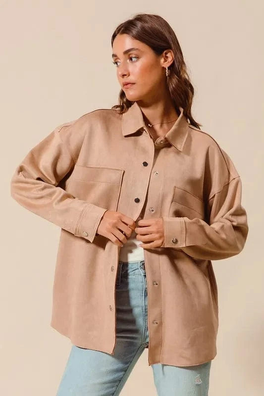 SO ME Faux Sued Snap Shacket with Collar and Pockets - Trendsi