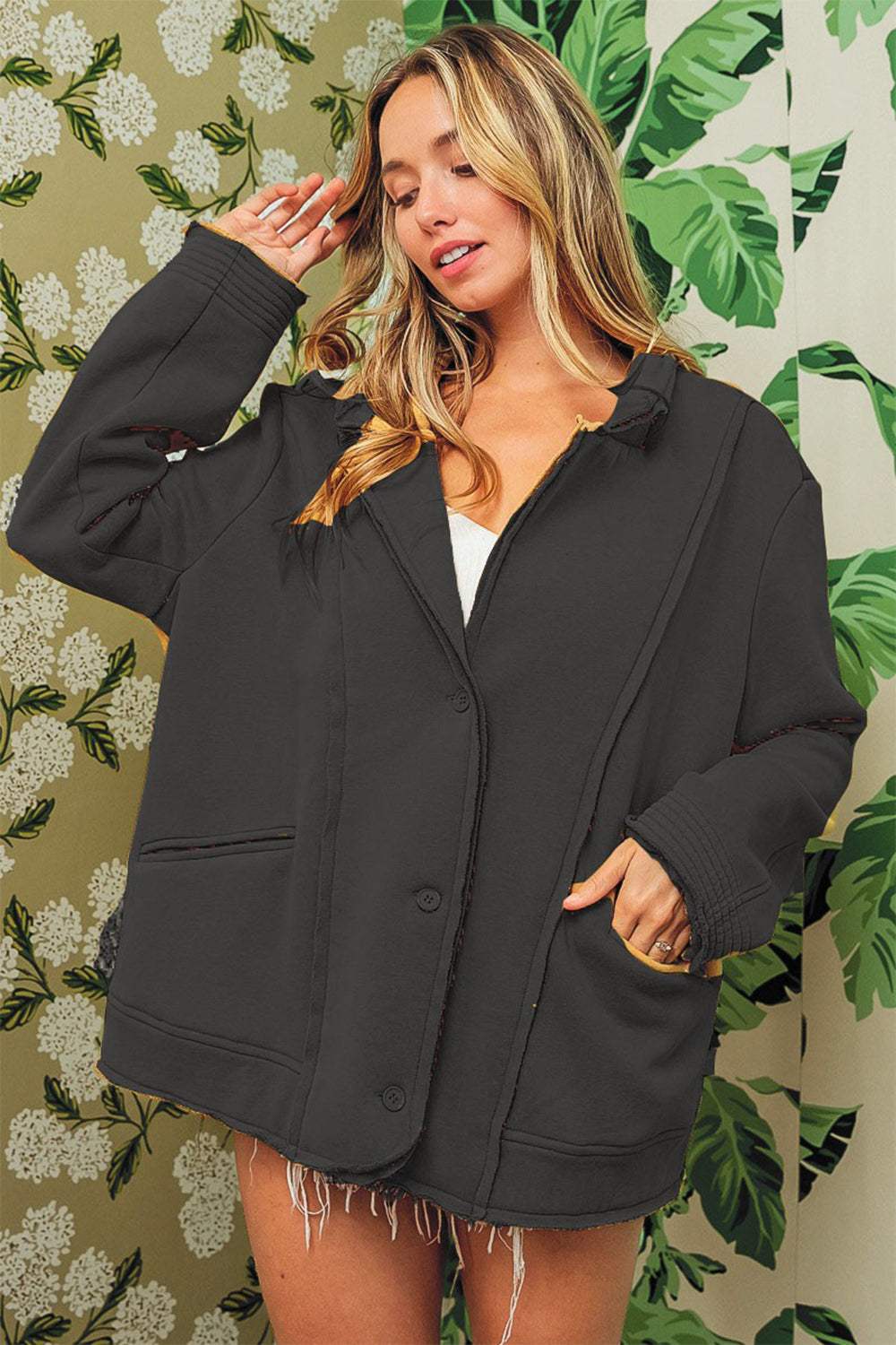 BiBi Single-Breasted Washed Fleece Jacket - Trendsi - Flyclothing LLC