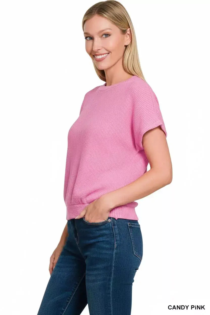 Zenana Round Neck Banded Botton Short Sleeve Sweater - Trendsi - Flyclothing LLC