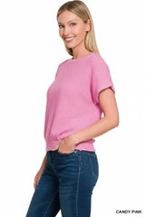 Zenana Round Neck Banded Botton Short Sleeve Sweater - Trendsi - Flyclothing LLC