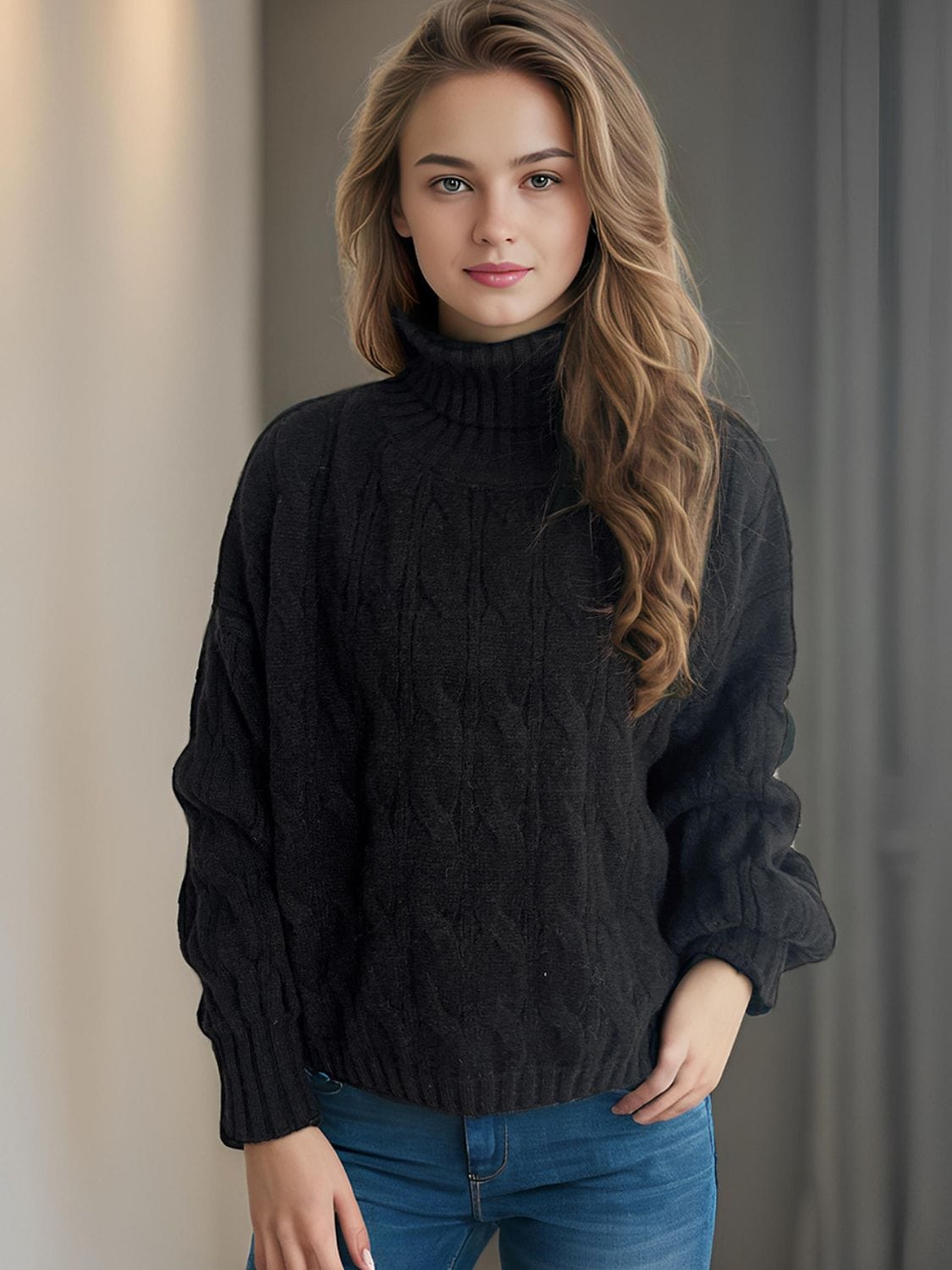 Cable-Knit Turtleneck Long Sleeve Sweater - Trendsi