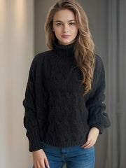 Cable-Knit Turtleneck Long Sleeve Sweater - Trendsi