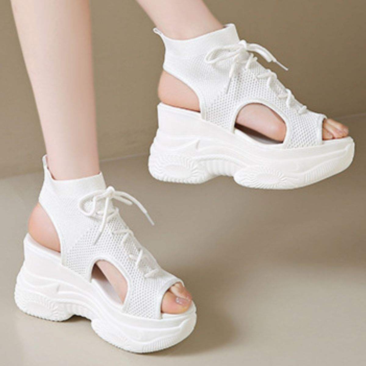Cutout Mesh Wedge Sandals - Trendsi - Flyclothing LLC
