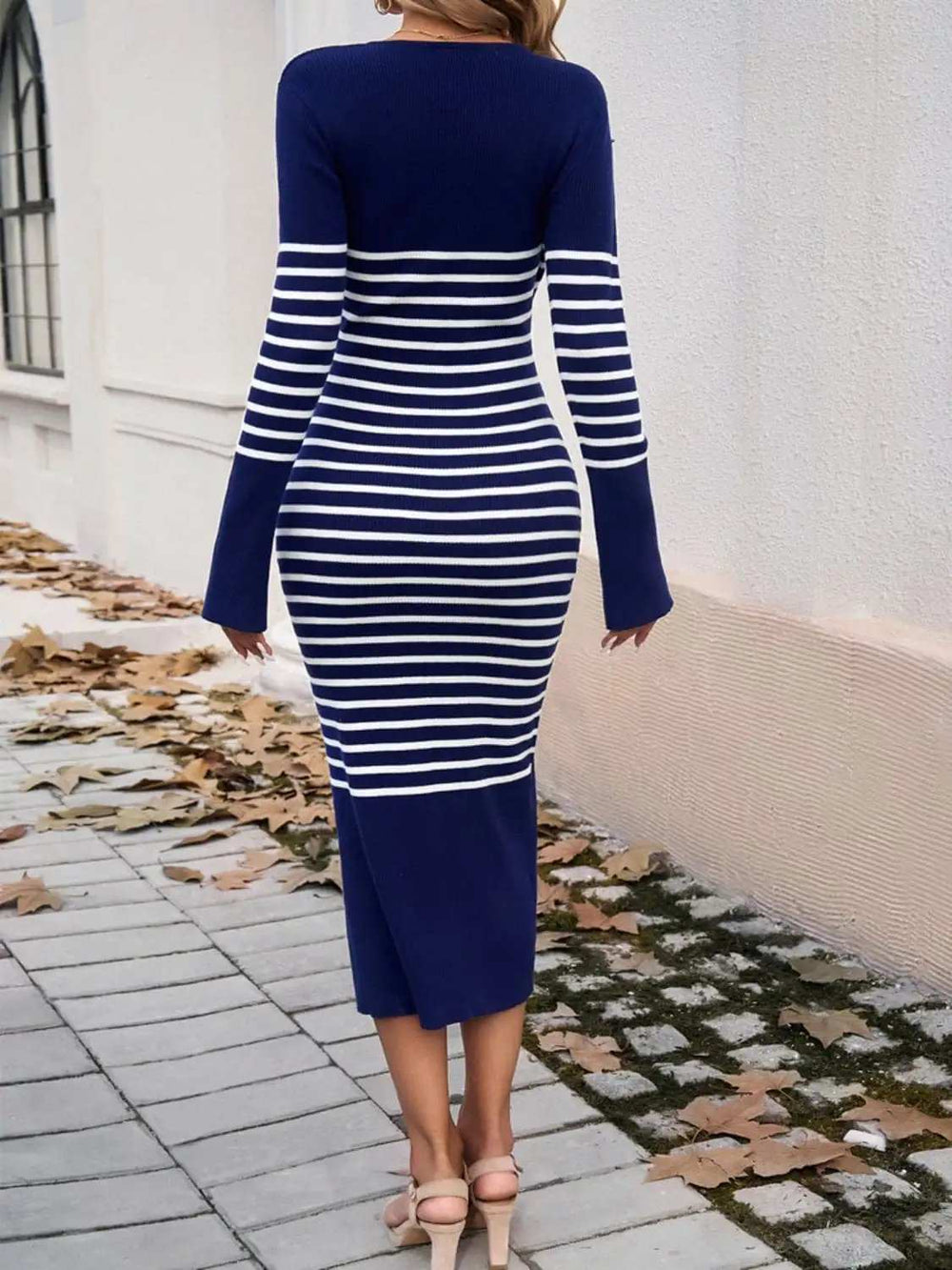 Striped V-Neck Long Sleeve Sweater Dress - Trendsi - Flyclothing LLC