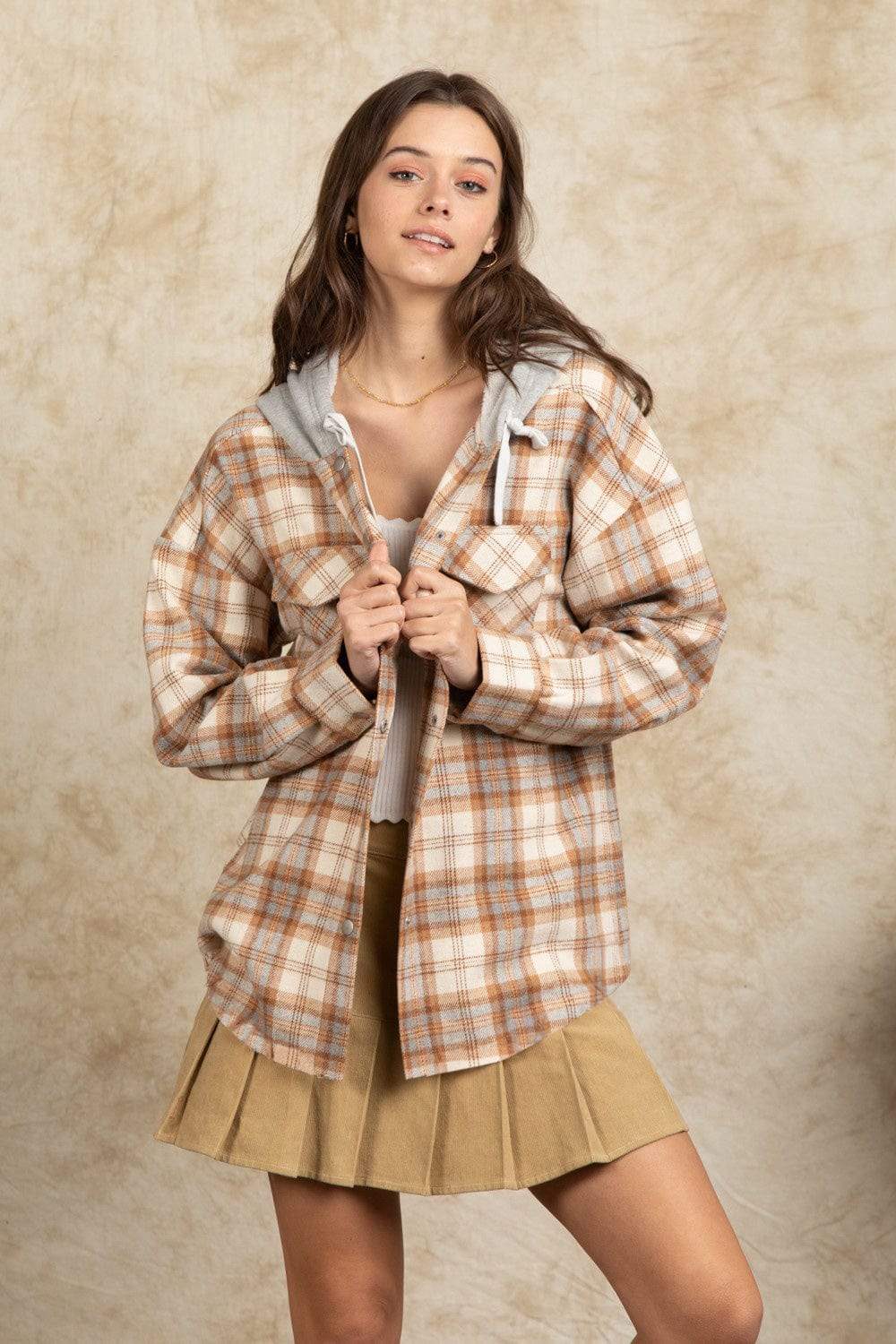 Drawstring Plaid Long Sleeve Hooded Jacket - Trendsi - Flyclothing LLC