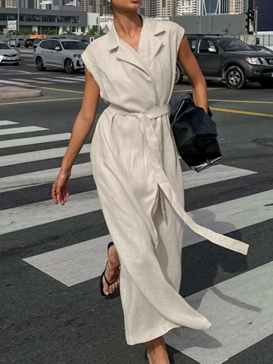 Tie Waist Cap Sleeve Maxi Dress - Trendsi
