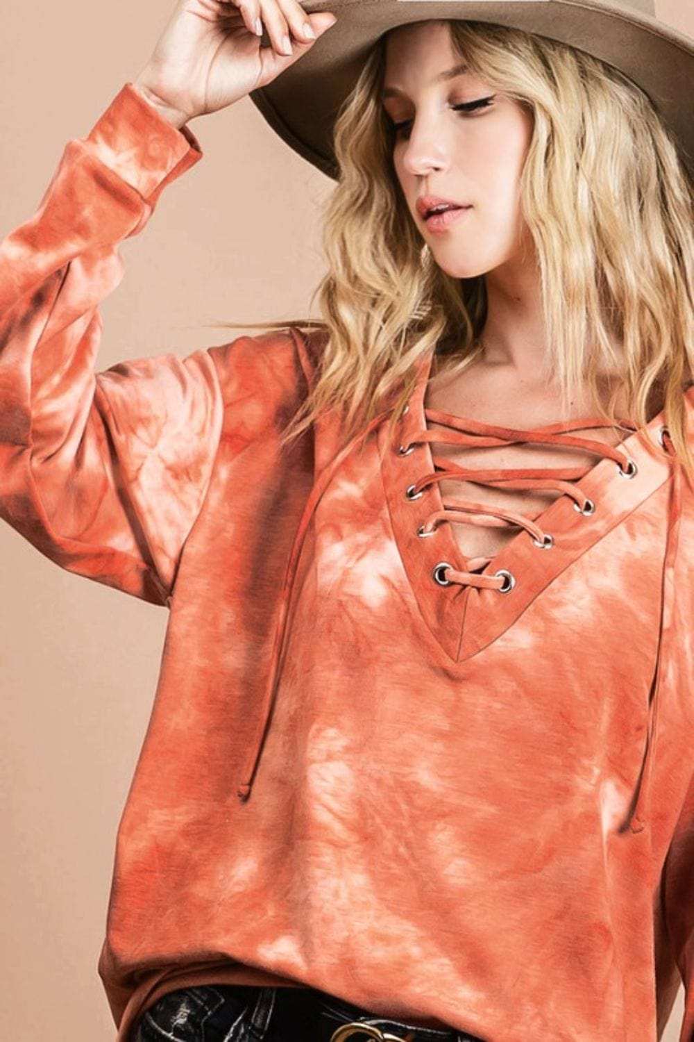 BiBi Lace-Up Tie-Dye French Terry Long Sleeve Top - Trendsi - Flyclothing LLC