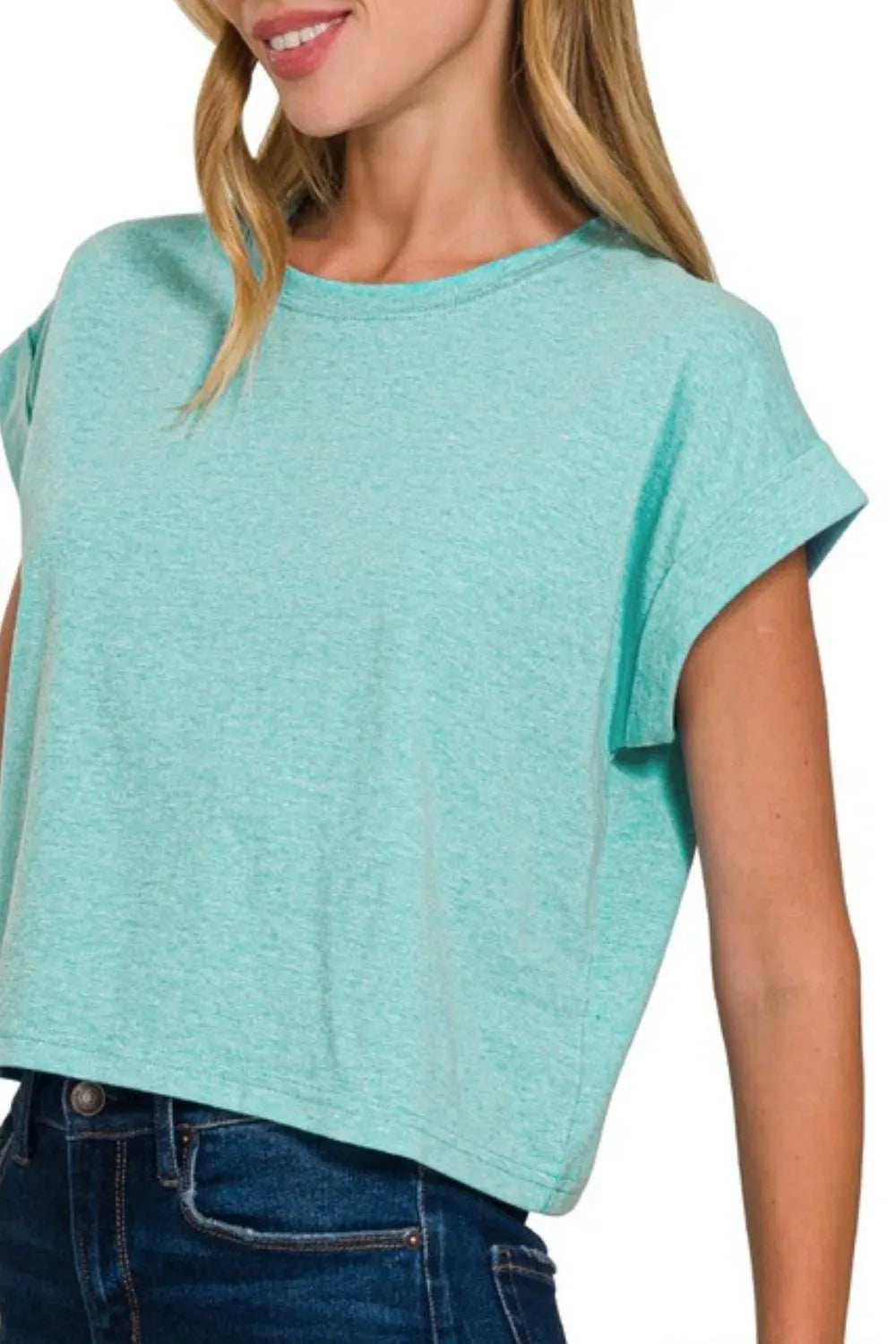 Zenana Rolled Sleeve Crop T-Shirt - Trendsi - Flyclothing LLC