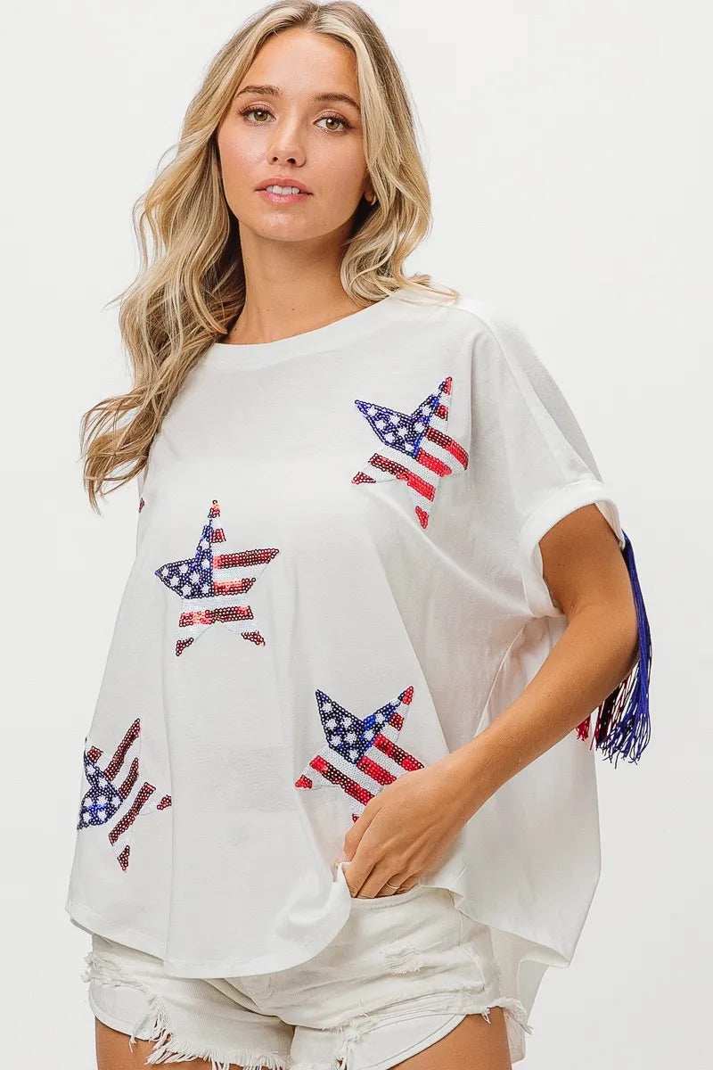 BiBi American Flag Sequin Star Fringe Top - Trendsi - Flyclothing LLC