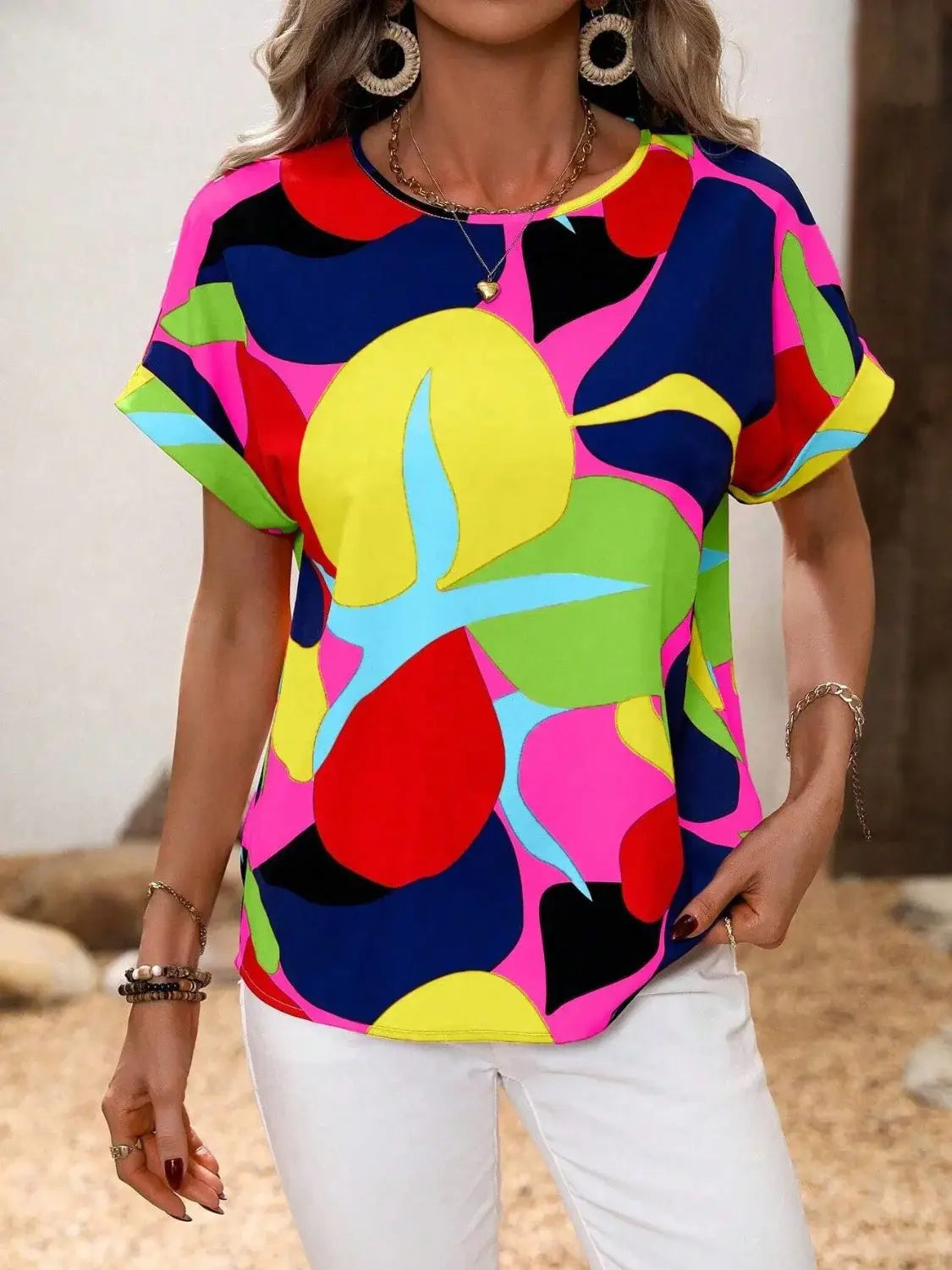 Contrast Round Neck Short Sleeve Blouse - Trendsi - Flyclothing LLC