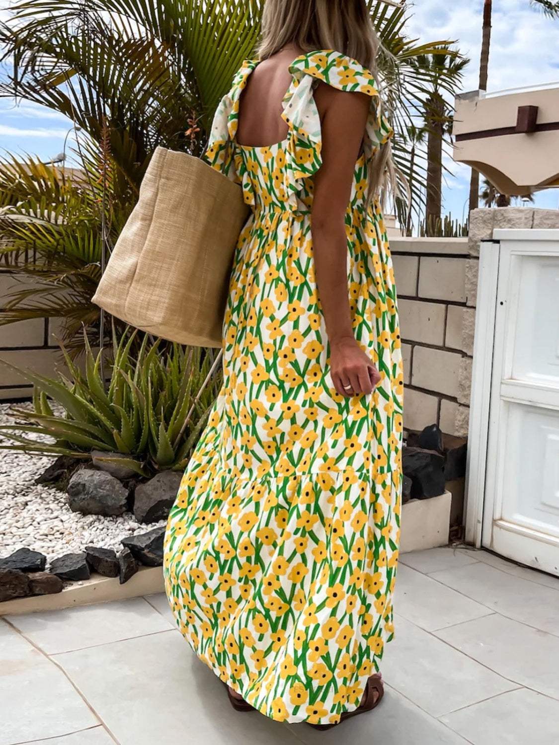 Ruffled Printed Cap Sleeve Midi Dress - Trendsi - Flyclothing LLC