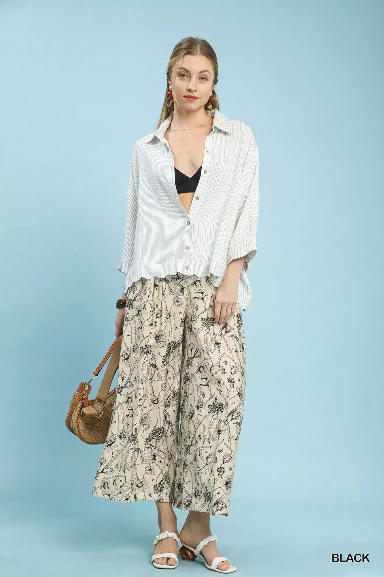 Umgee Two Tone Floral Print Pants - Trendsi - Flyclothing LLC