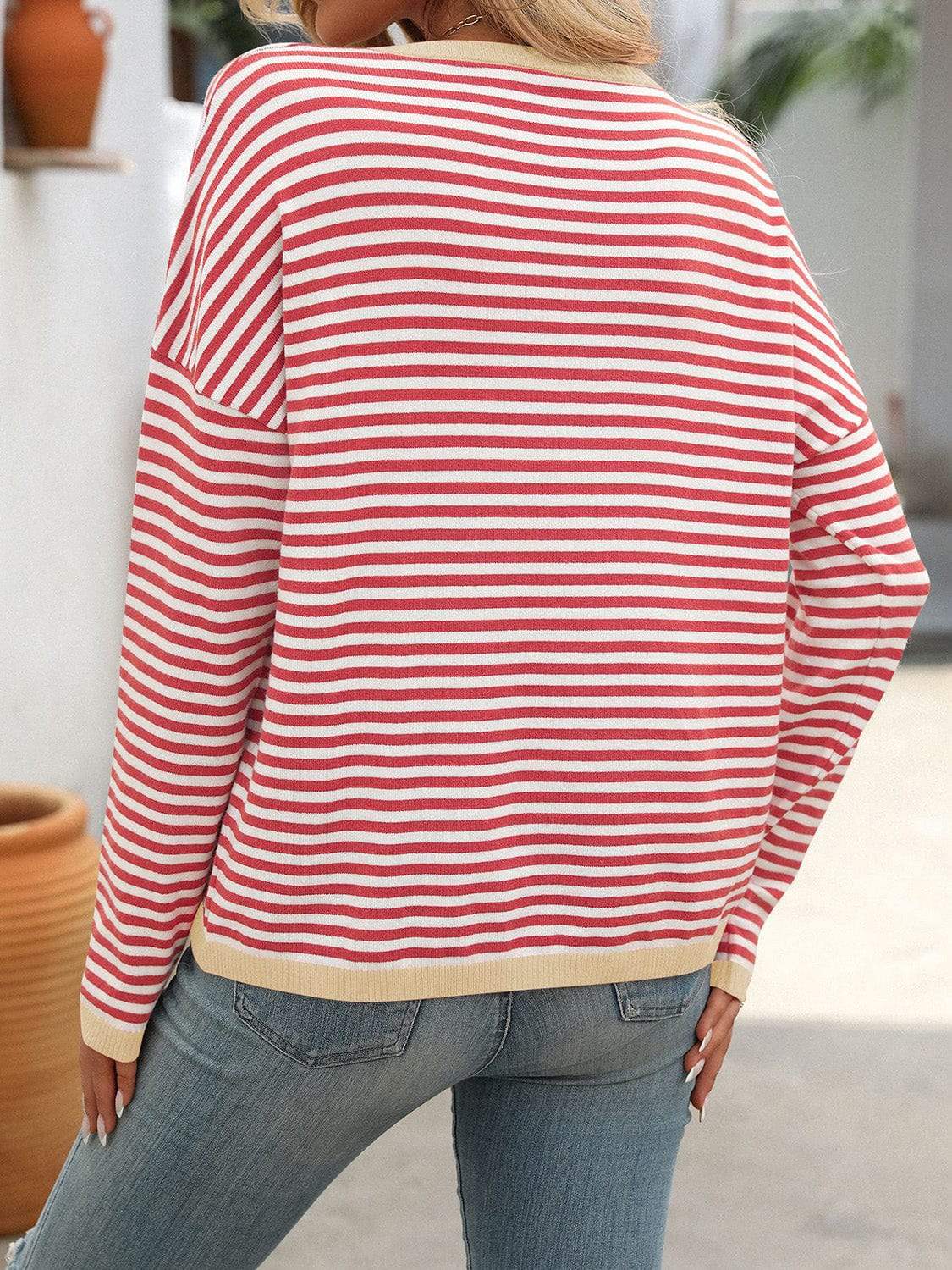 Mandy Striped Round Neck Long Sleeve Sweater - Trendsi - Flyclothing LLC