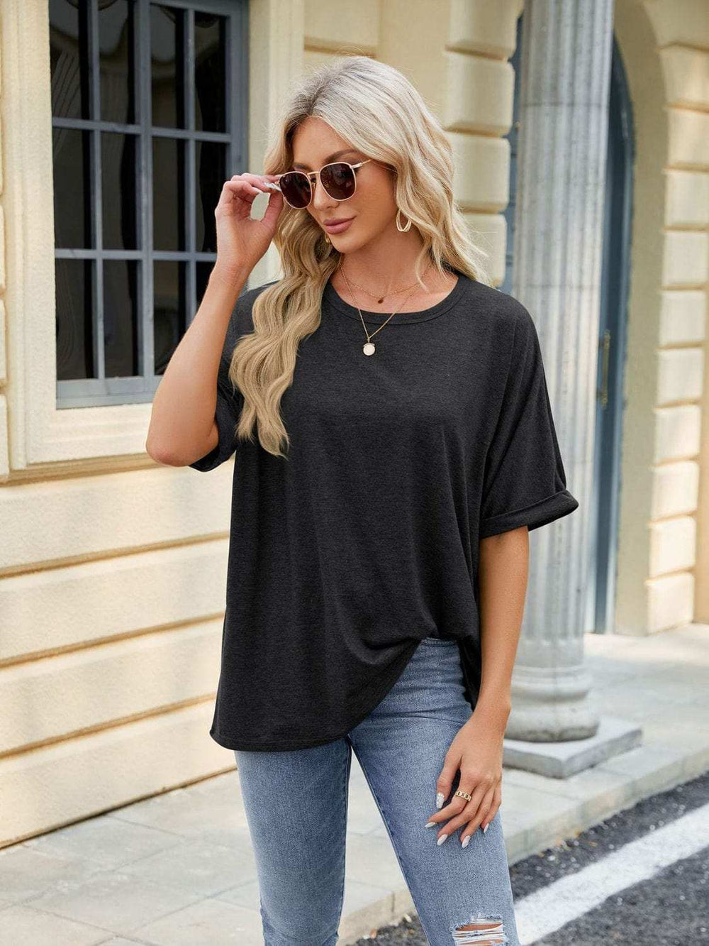 Florira Round Neck Half Sleeve T-Shirt - Trendsi - Flyclothing LLC