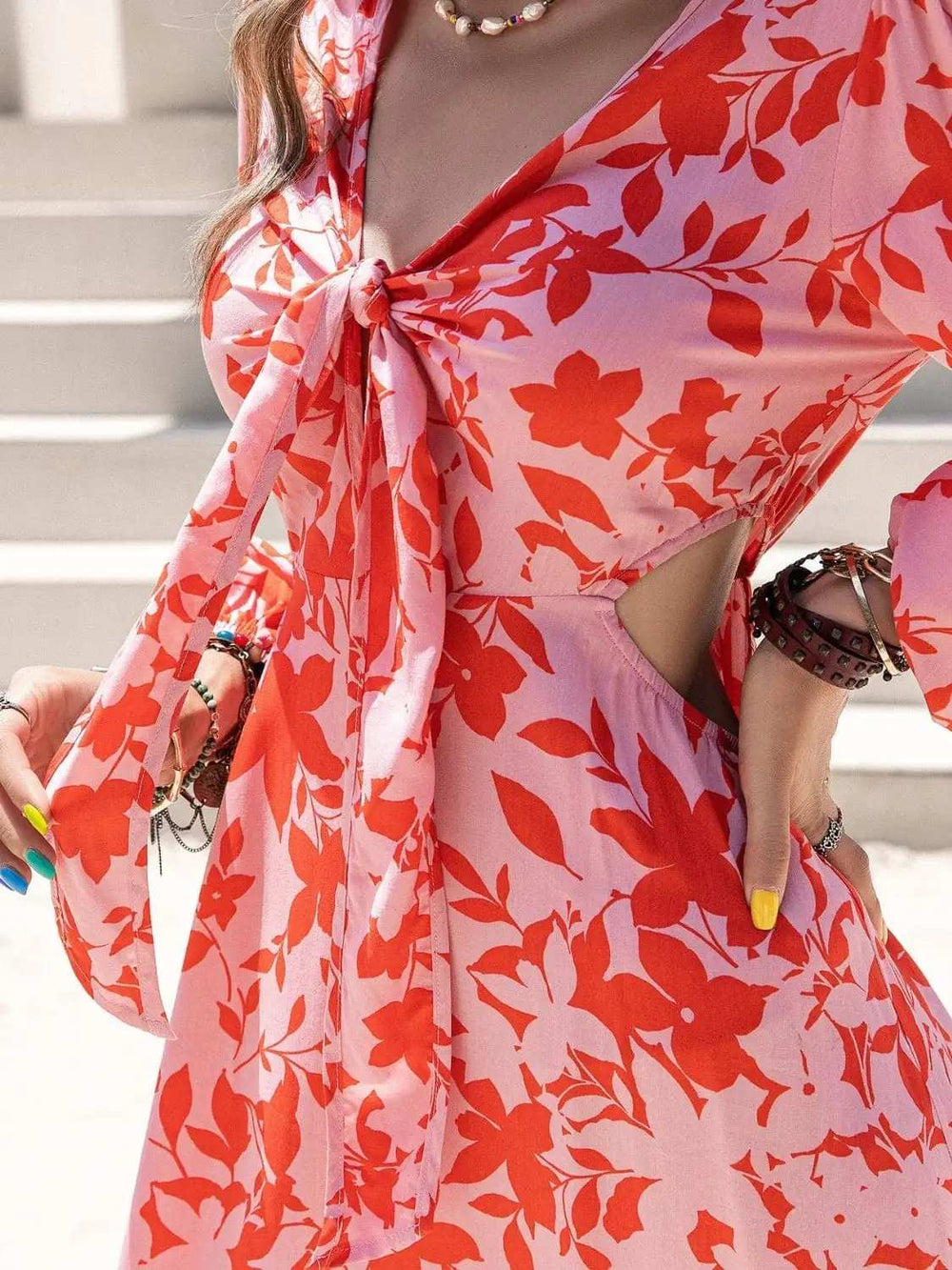 Tied Cutout Printed Long Sleeve Midi Dress - Trendsi - Flyclothing LLC