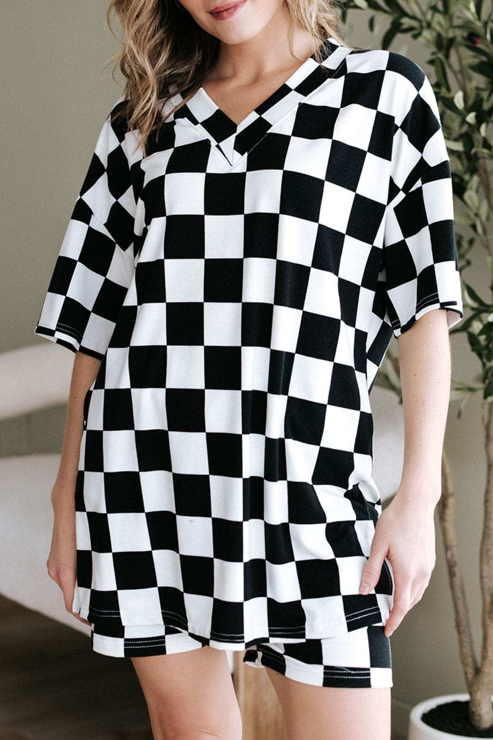 Checkerboard V Neck Loose Tee and Shorts Set - Trendsi - Flyclothing LLC