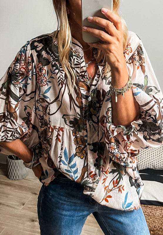 Printed Notched Flounce Sleeve Blouse - Trendsi - Flyclothing LLC