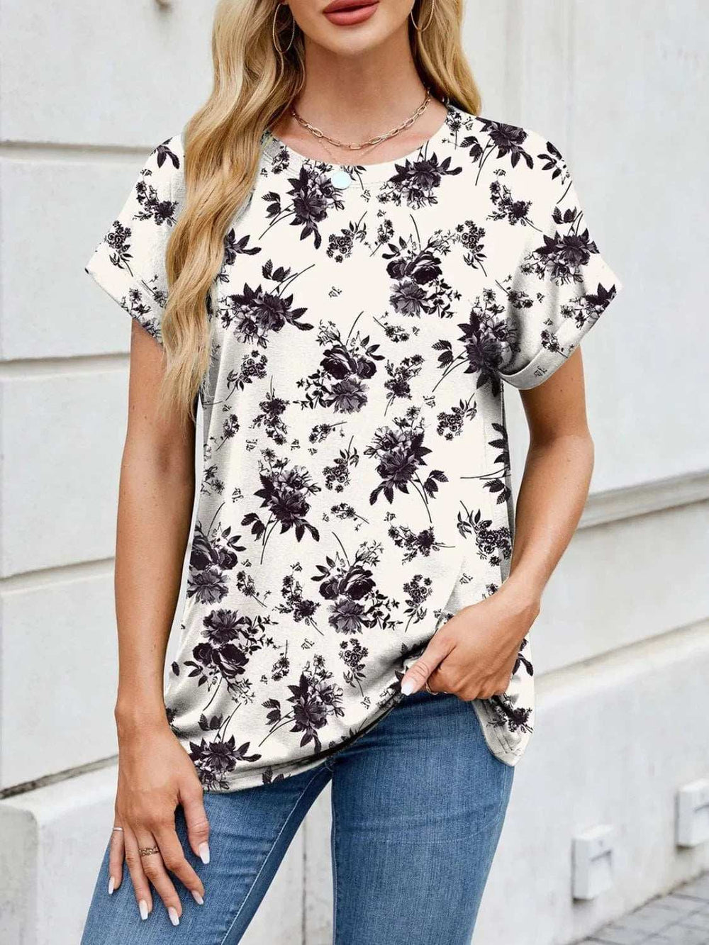 Printed Round Neck Short Sleeve Top - Trendsi - Flyclothing LLC