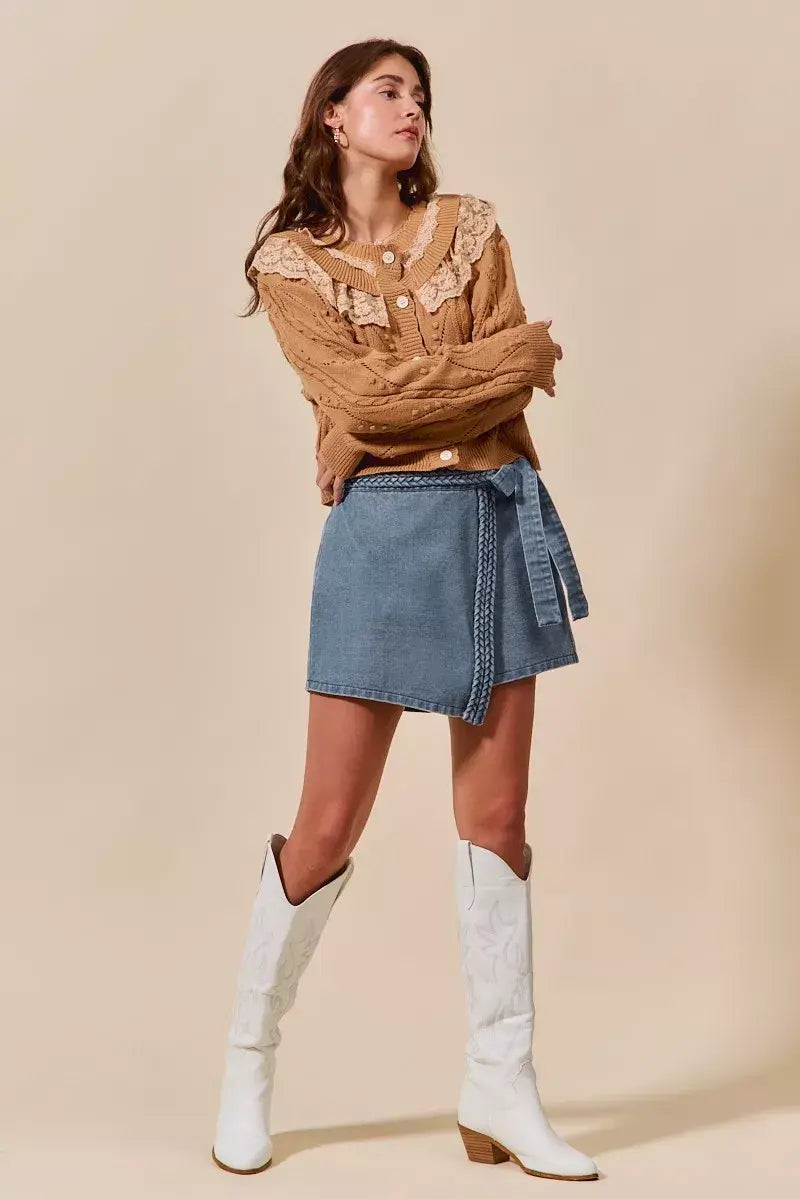 SO ME Wrap Braided Trimmed Denim Skort - Trendsi - Flyclothing LLC