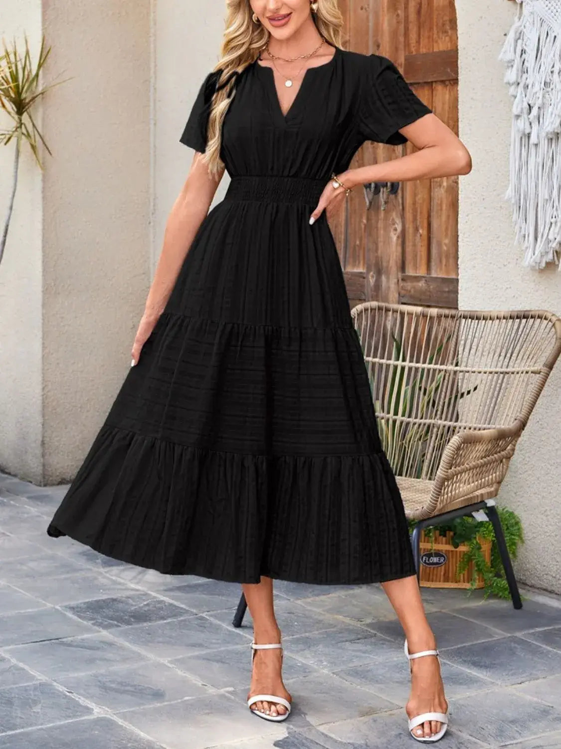 Tiered Notched Short Sleeve Dress - Trendsi - Flyclothing LLC