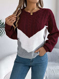 Cable-Knit Color Block Round Neck Sweater - Trendsi - Flyclothing LLC