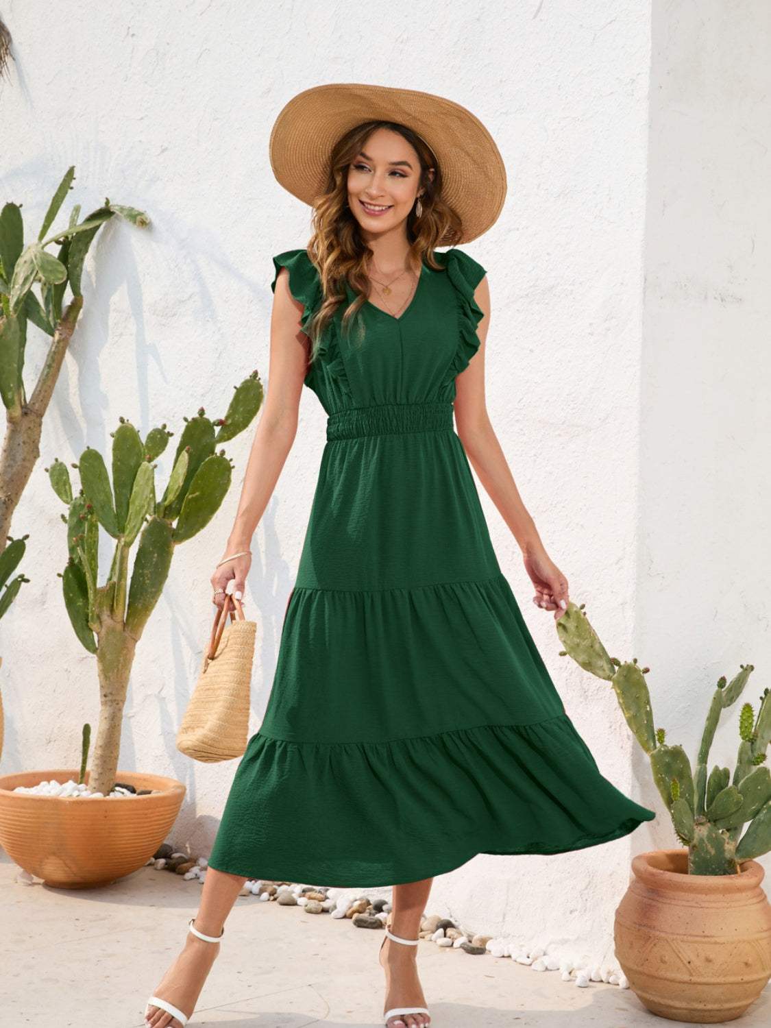 Tiered Ruffled V-Neck Cap Sleeve Dress - Trendsi - Flyclothing LLC