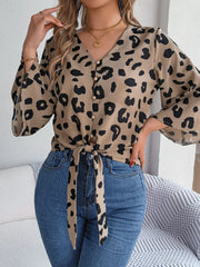 Tied Button Up Leopard V-Neck Blouse Trendsi