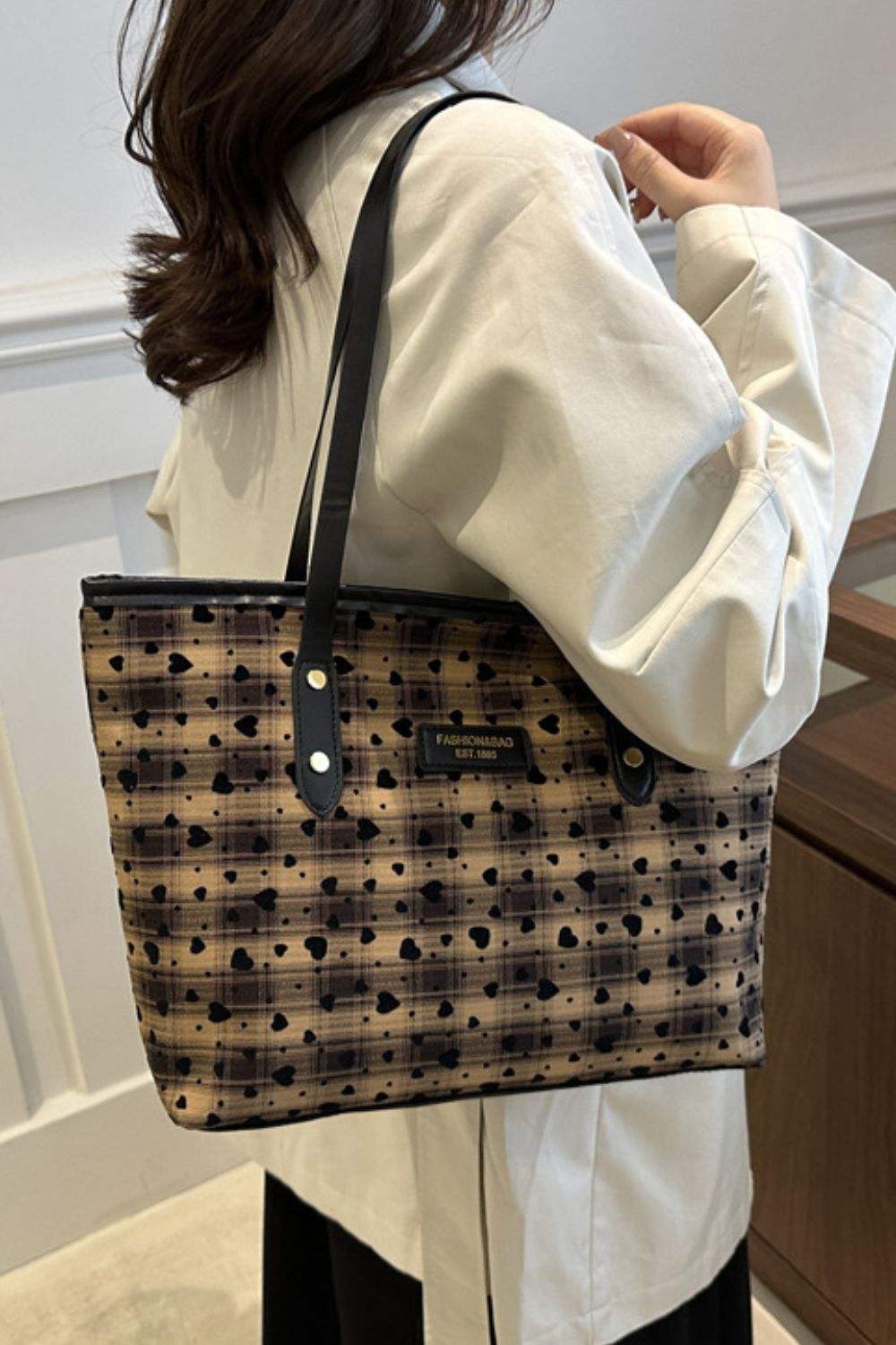 Heart Plaid PU Leather Strap Tote Bag - Trendsi - Flyclothing LLC