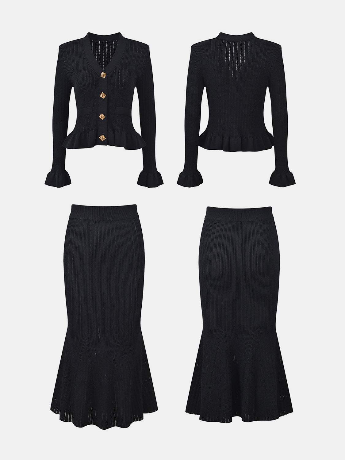 Ruffled V-Neck Top and Midi Skirt Sweater Set - Trendsi - Flyclothing LLC