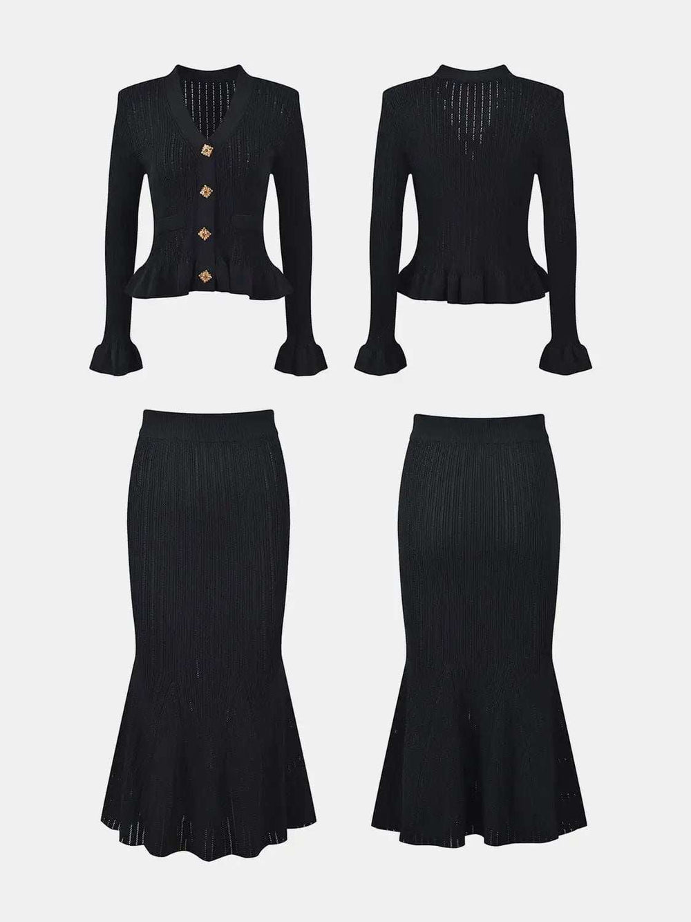 Ruffled V-Neck Top and Midi Skirt Sweater Set - Trendsi - Flyclothing LLC