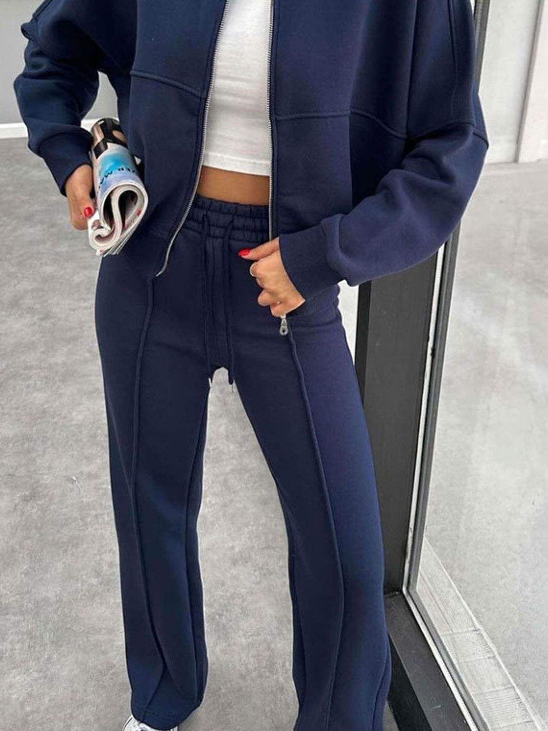 Baseball Collar Zip Up Outerwear and Drawstring Pants Set - Trendsi - Flyclothing LLC