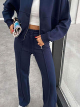 Baseball Collar Zip Up Outerwear and Drawstring Pants Set - Trendsi - Flyclothing LLC