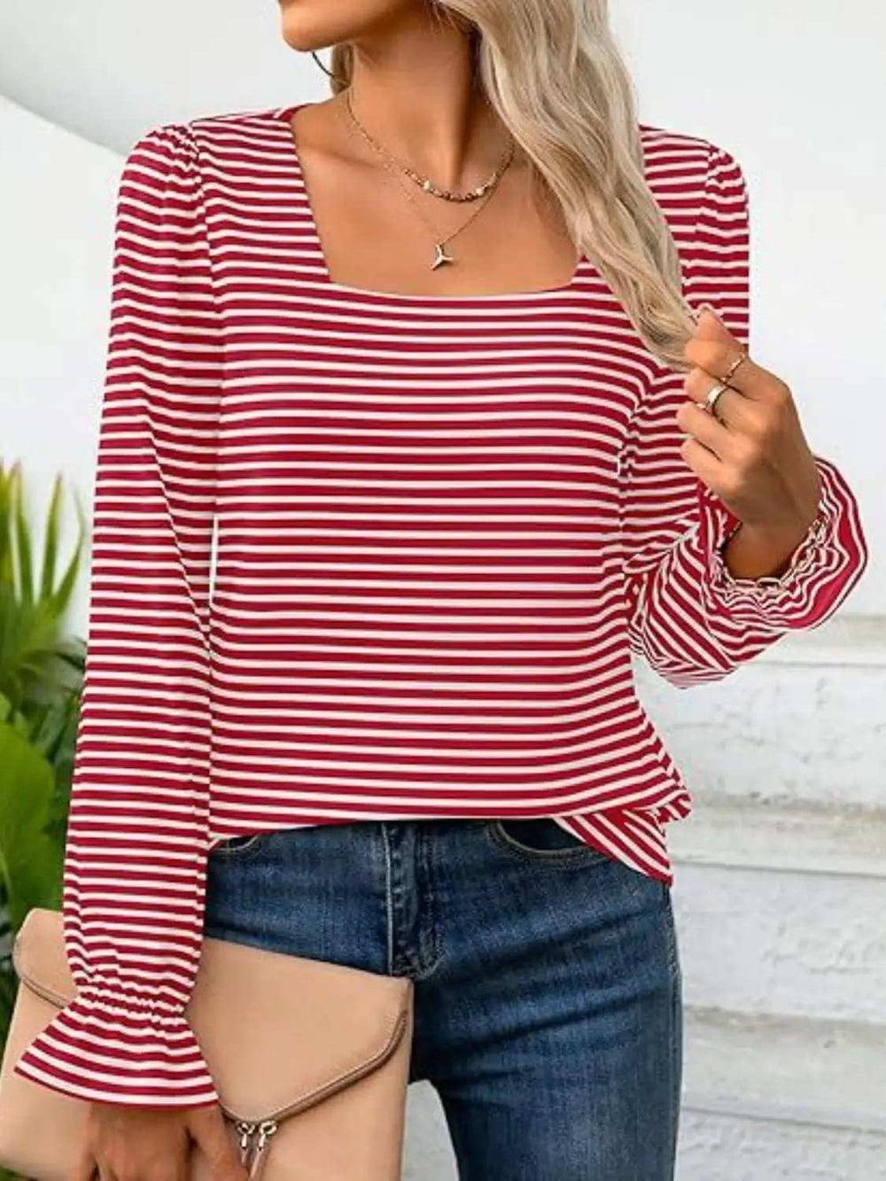 Striped Square Neck Flounce Sleeve Top - Trendsi - Flyclothing LLC