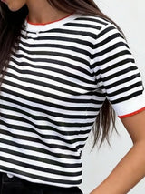 Contrast Trim Striped Short Sleeve Knit Top - Trendsi - Flyclothing LLC